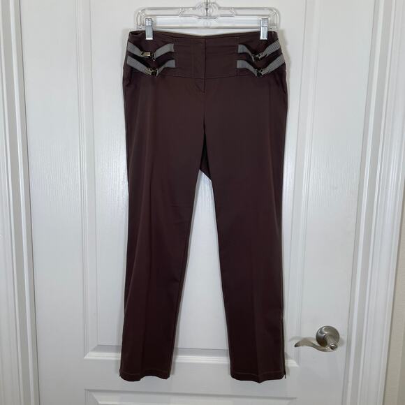 Armani Collezioni Pants Straight Leg Suspender Clips Accent Brown Zip Ankle 42 6 - Picture 1 of 5
